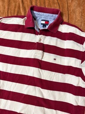Tommy Hilfiger Men’s Medium Maroon & White Striped Polo Shirt EUC